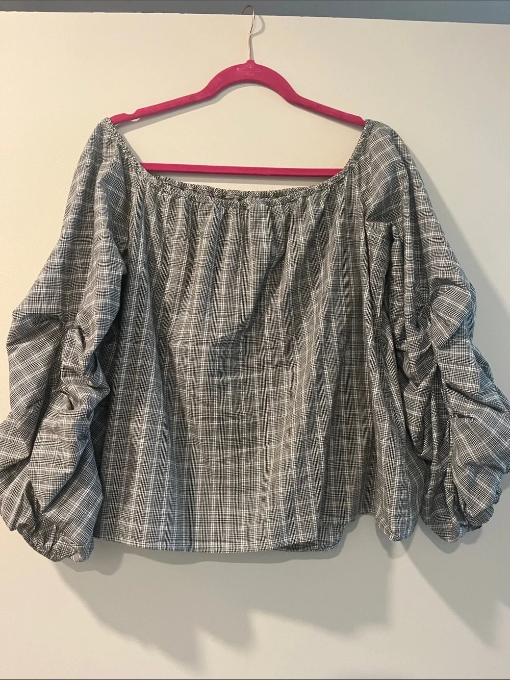 Anthropologie Gray Plaid Off-Shoulder Puff Sleeve Top
